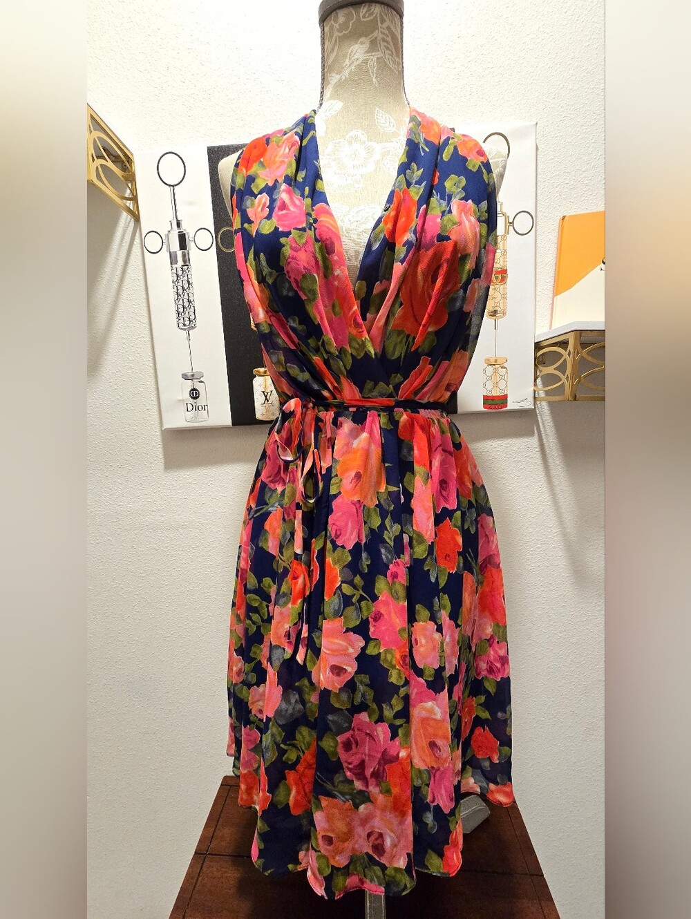 Boston Proper Navy Floral Dress with Pink & Coral Blooms